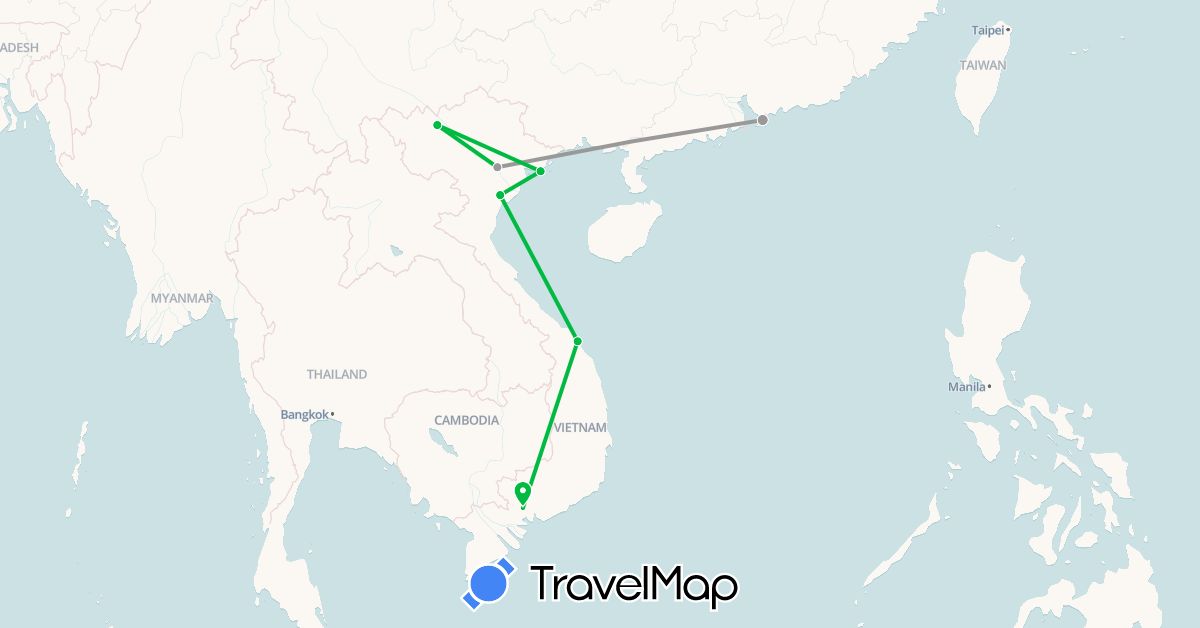 TravelMap itinerary: driving, bus, plane in Hong Kong, Vietnam (Asia)